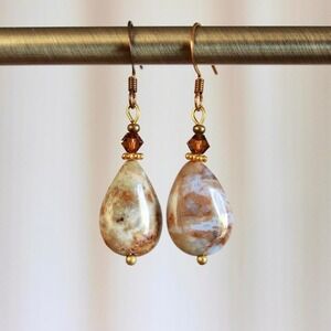 Handmade Desert Jasper Teardrop Stone Dangle Earrings Earthy Boho Bohemian‎